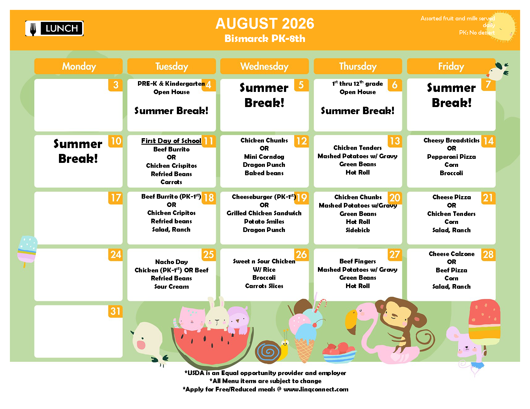 August 2026 Lunch menu PreK - 8th